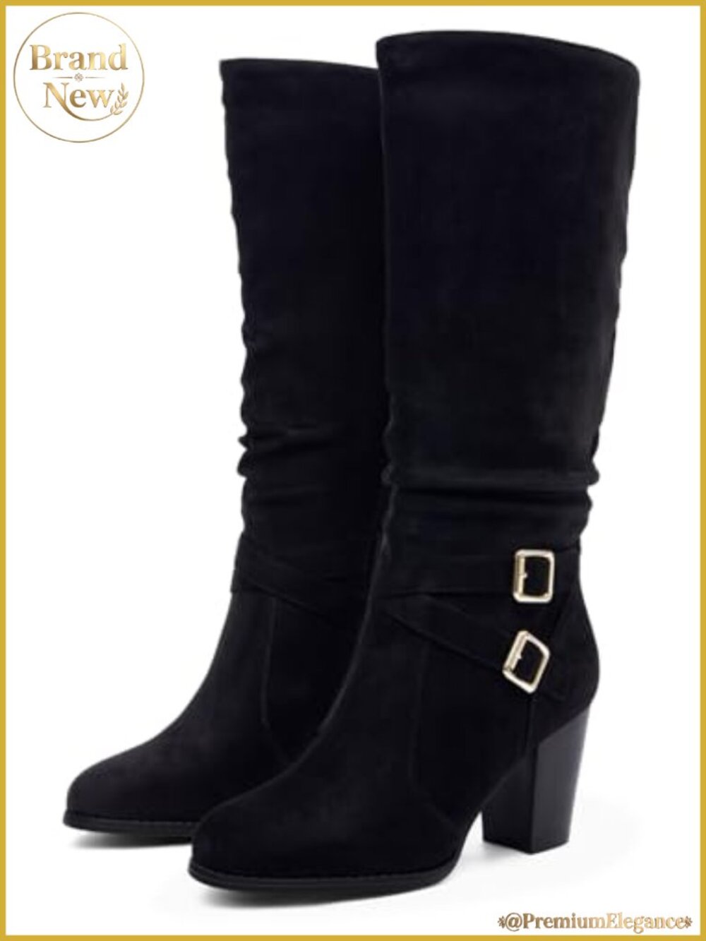 Mid Knee High Boots Chunky Heel Faux Leather Slouchy Metal Buckle Side Zipper
